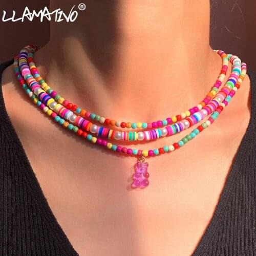 Boho Multi layer Cute Bear Colorful Seed Beads Choker Necklace For Women Soft Polymer Clay Pearl Beaded Short Necklaces Jewelry