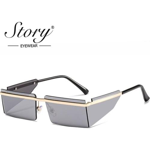 STORY Vintage Steampunk Rectangle Sunglasses Women Men Brand Design Rimless Mirrored Lens Futuristic Square Sun Glasses S8821G