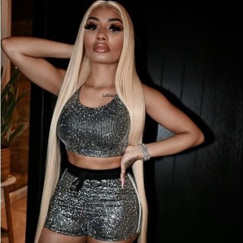 Rhinestone Silver Short 2 Piece Set Women Summer Clothes Sequined Crop Top and Shorts Set Clubwear Fashion Bodycon Short Suits