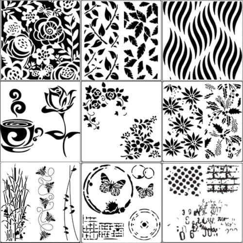 9Pcs Drawing Airbrush Painting Stencil DIY Craft Walls Art Scrapbooking Stamping Album Home Ornaments for Wood Tiles Fabric