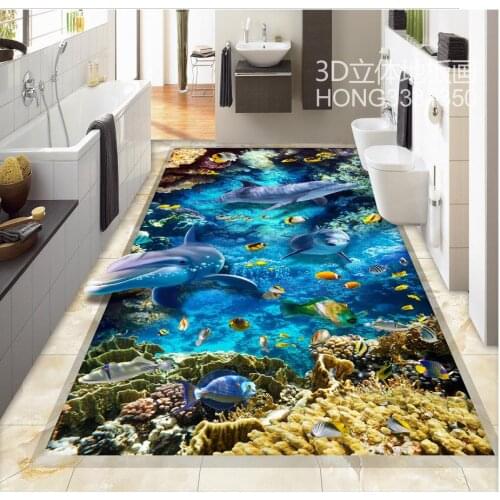 Home Decoration Dolphin Marine World Custom Photo self-adhesive 3D floor PVC waterproof floor Home Decoration