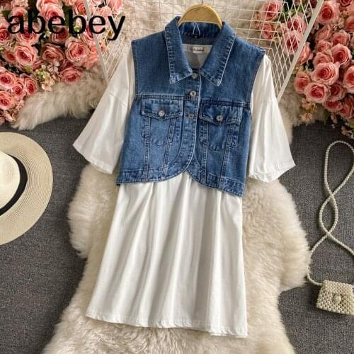 Women Summer Design Set O Neck T-shirt dress+denim vest Two Pieces Set 2021