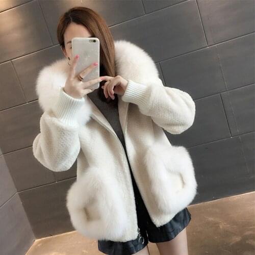 Faux fox fur collar granular fleece fur coat femaleovercoat autumn winter jacket woman Korean short hooded wool parka coat woman