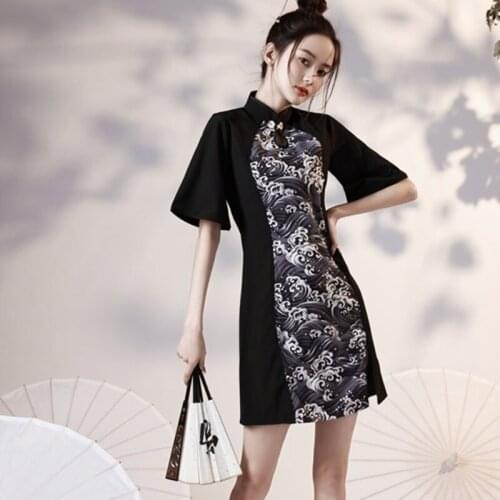 Plus Size Improved Cheongsam Qipao Dress 2021 Summer Short Sleeve Fashion Patchwork Sweet Girl Women Party Qipao Modern 30977