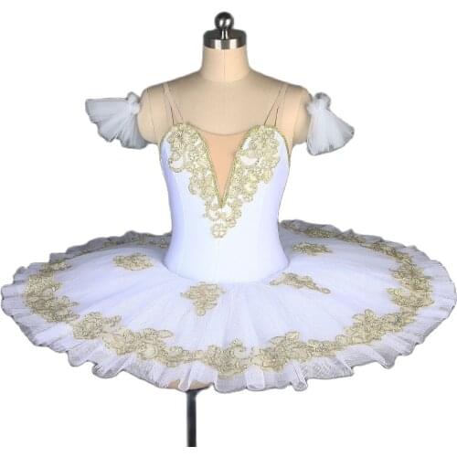 New White pre-professional ballet tutu with gold applique trim Women & girl stage performance dance costumes ballet Tutu