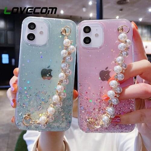 Gradient Glitter Pearl Chain Wrist Phone Case For Samsung Galaxy S21 S20FE S10 Note 20 Ultra A32 A42 5G A51 A71 Soft Clear Cover
