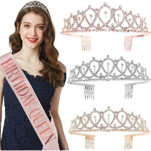 Birthday Queen Sash & Rhinestone Tiara Set, Gold Glitter Happy Birthday Sash and Crown for Women Girls Female Best Friend Birthd