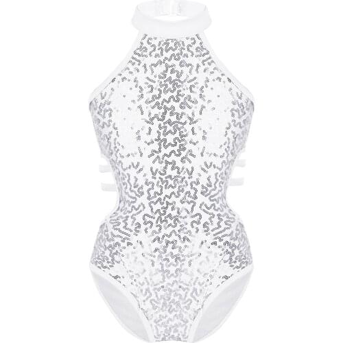Girls Shiny Sequins Ballet Dancewear Kids Gymnastics Leotards Costume Backless Bodysuit Children Stage Performance Jumpsuit