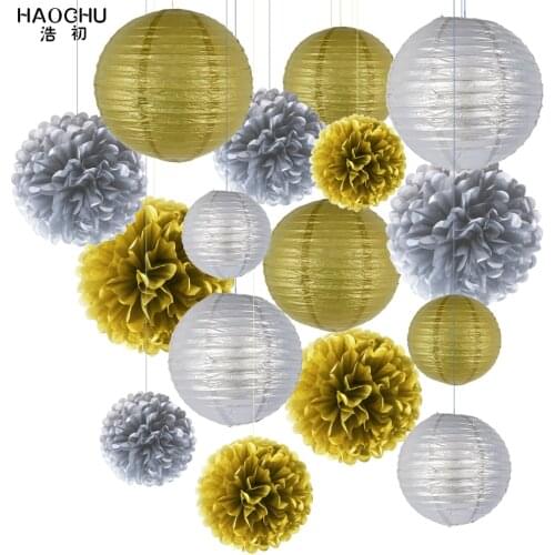 16pcs/set 6"-12" Gold Color Paper Flower Balls Pom Poms Paper Lanterns Birthday Party Wedding Ornament Christmas Home Decoration
