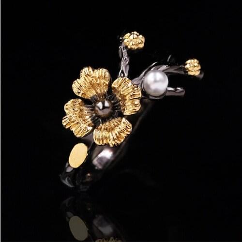 Copper Black Gold Color Exquisite Daisy Flower Rings For Women Retro Black Gold Baroque Pearl Branches Vintage Ring Jewelry Gift