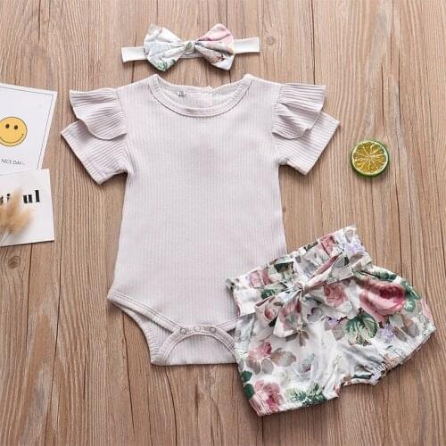 Summer Baby Girl Newborn Suit Kids Clothes Short Sleeve Romper Floral Shorts Pants Headband Infant Clothing Toddler Outfits Set