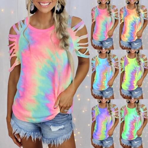 Summer T Shirt Women 2021 new tie dye printing off-the-shoulder sexy leisure T-shirt short sleeves Female Tee Tshirts CKX9632