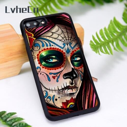 LvheCn Silicone Rubber Phone Case Cover for iPhone 6 6S 7 8 Plus X XS XR 11 12 Mini Pro Max Mexican Skull Girl Art Painted