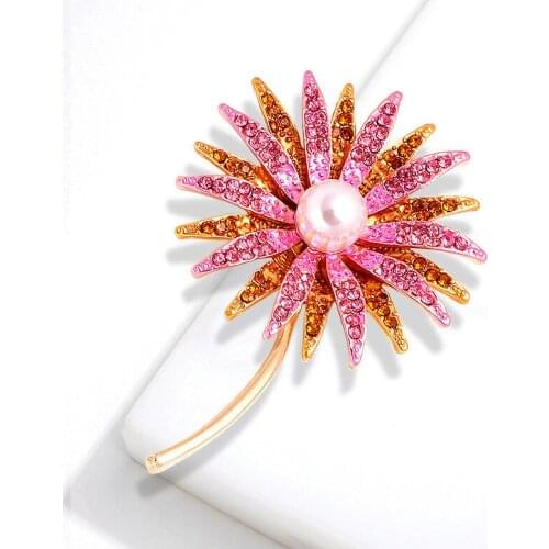 Fashion Luxury Elegant Pearl Cute Rainbwo Crystal Sunflower Brooches Gold Color Rhinestone Alloy Brooch Lady Safety Pins