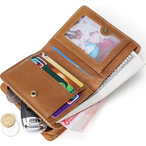 Cow Leather Men Wallets with Zipper Coin Pocket Vintage Male Purse Function Smart Genuine Leather Money Bag with Card Holders