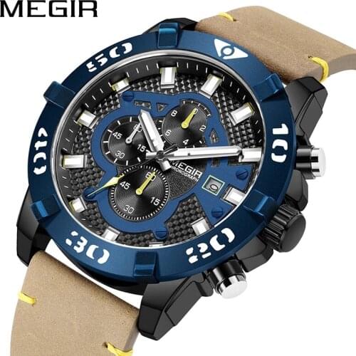 MEGIR Mens Watches Top Luxury Brand Waterproof Sport Wrist Watch Chronograph Quartz Military Genuine Leather Relogio Masculino