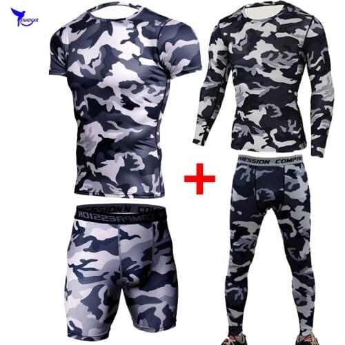 Mens Military Camouflage 4 Pcs/Set Compression Sports Suit Gym Fitness Quick Dry Tracksuits Workout Exercise Tights Running Set