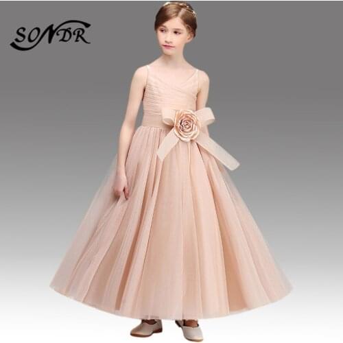 Pink Flower Girl Dresses HT125 Appliques First Communion Party Decorations For Girls Elegant Spaghetti Strap Kids Prom Ball Gown