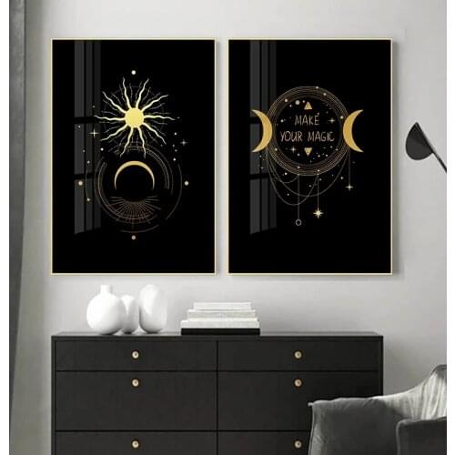 Black Gold Sun Moon Star constellation Canvas Poster Print Modern Abstract Wall Art Painting Living Room Decoration Home Picture