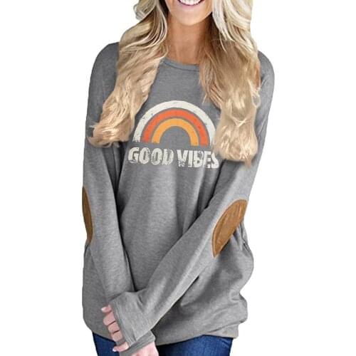 Crew Neck Long Sleeve Elbow Patch Sweatshirt Rainbow Letter Print Loose Casual Pullover Tops 2019 Autumn Winter Clothing