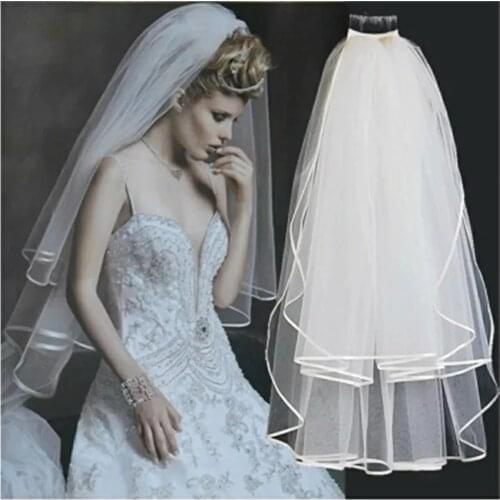 Velos de Noiva Two Layers Ribbon Edge Wedding Veil White Ivory Short With Comb Simple Bridal Veil 2020