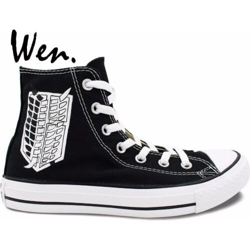 Wen Black Hand Painted Shoes Design Custom Attack on Titan Logo Anime Black High Top Men Womens Canvas Sneakers Birthday Gifts