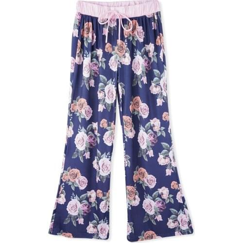 Floral Print Spring Casual Womens Sleep Bottoms Elastic Drawstring Waist Pyjamas Women Trousers Loose Home Trousers Pants