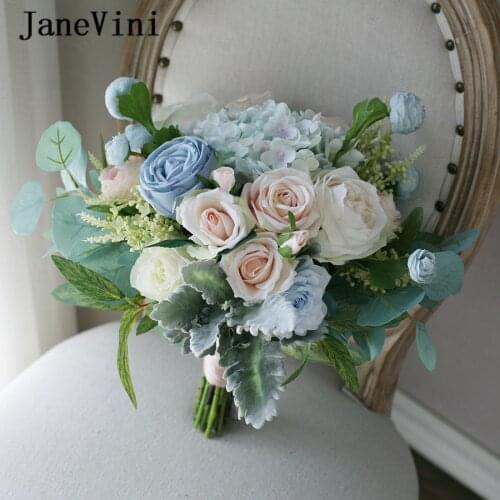 JaneVini 2020 Vintage Light Blue Champagne Wedding Flowers Bridal Bouquets Handmade Silk Roses Bride Summer Wedding Accessories
