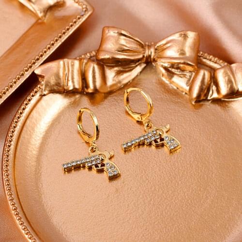 JUST FEEL Gold Color Pistol Pendant Earrings For Women Creative crystal Dangle Earring Fashion New 2020 Personality Jewelry Gift