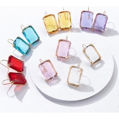 2020 Korean New Design Multicolor Glass Crystal Drop Earrings For Women Fashion Geometric Square Earrings Transparent Jewelry