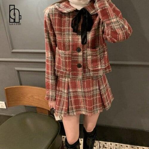 Luck A Women 2021 Autumn Plaid Bow Woolen 2pc Sets Female Elegant Korean Wool Jacket+Pleated Skirt Suit Lady Fashion Clothes