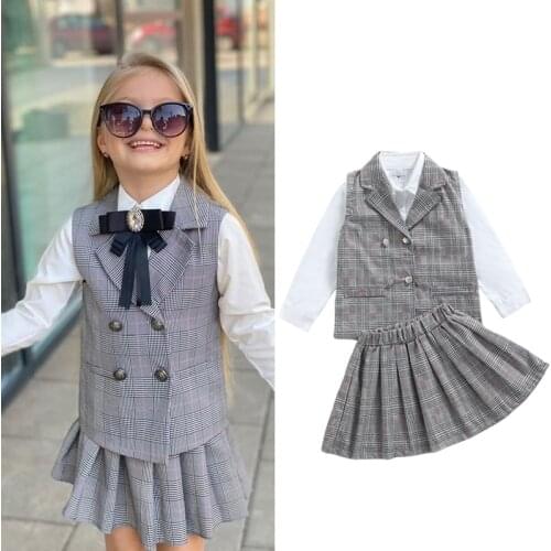 FOCUSNORM 2-7Y Infant Kids Girls School Suit Clothes Sets 3pcs Plaid Printed Single Breasted Waistcoat+Solid Shirts+A Line Skirt