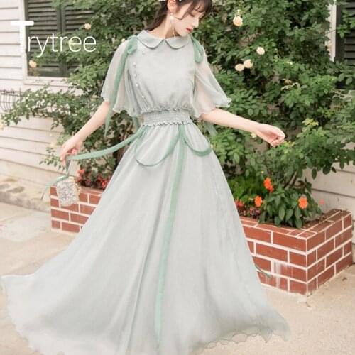 Trytree 2020 Summer Woman Casual Dress Peter pan Collar Elegant Solid Flare Sleeve A-line Temperament Green Mid-Calf Dress