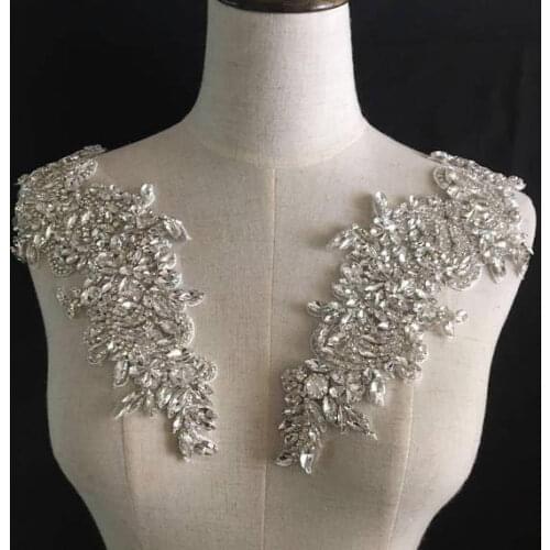 1 pair/lot Rhinestone Crystal Beaded Iron on Bridal Applique Pair for Wedding Sash Belt , Gown Straps 11 x 31 cm