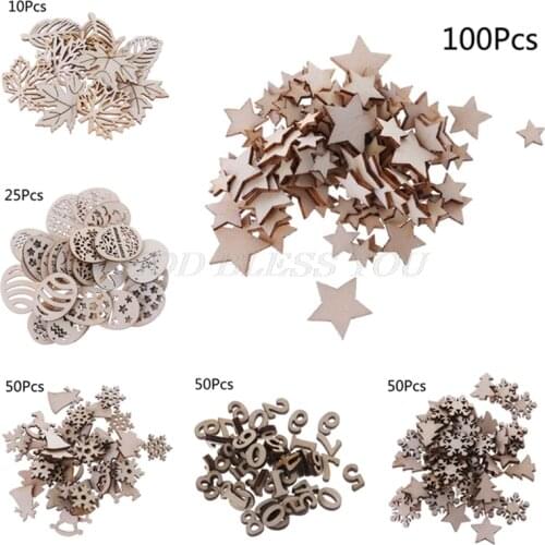 10/25/50/100pcs Laser Cut Wood Embellishment Wooden Festival Christmas Easter Egg Star Number Leaves Shape Craft Wedding Decor