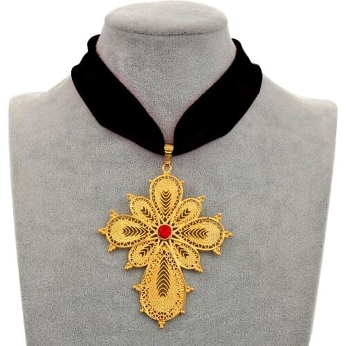 Anniyo Ethiopian Wedding Party Cross Pendant DIY Rope Chain for Women Girls,Gold Color Eritrea Jewelry African Crosses #222306