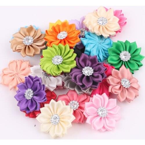 Nishine 1.6" 120pcs/lot 16 Petaled Rosette Satin Ribbon Flowers With Acrylic Button Used for Diy Headband Clips Hair Accessories