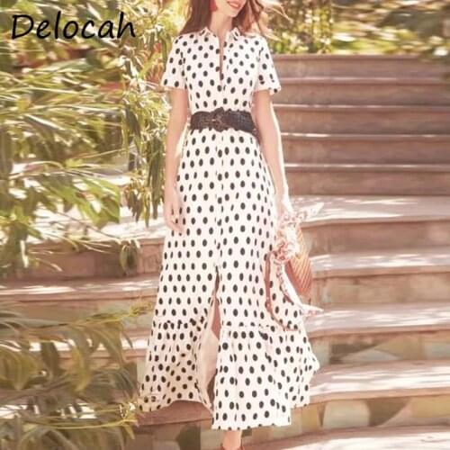 Delocah New 2021 Summer Women Fashion Runway Party ALine Dress Lantern Sleeve Sashes Dot Print Shirts Style Chiffon Midi Dresses