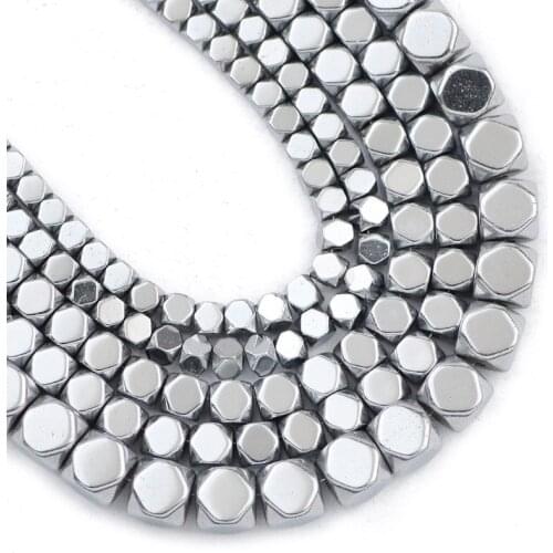 Natural Stone Faceted Square Silvers Hematite Beads 3/4/6MM Cube Spacer Loose Beads for Jewelry Making DIY Bracelet Accessories
