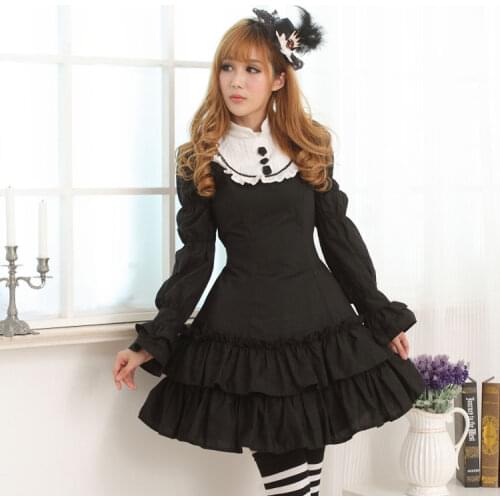Chinese Style Black and White Classic Madarin Neck Long Sleeve Ruffled Lolita Dress with Rose Embellishments