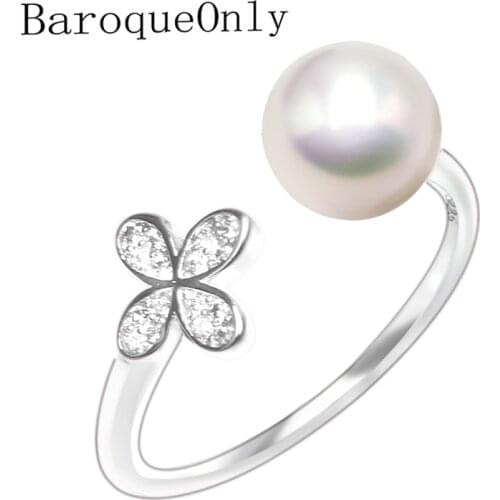 BaroqueOnly Natural freshwater pearl ring jewelry 925 sterling silver adjustable zircon inlaid fashion rings for women RBB