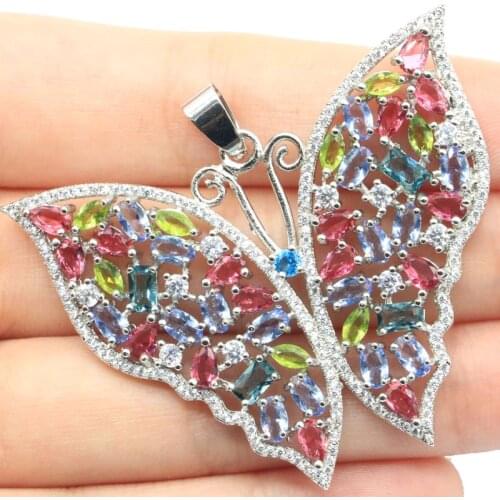 53x46mm Multi Color Long Big Butterfly Created Garnet Peridot Violet Tanzanite Aquamarine CZ Women 925 Sterling Silver Pendant