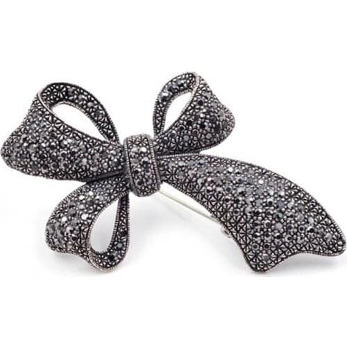 Fashion Rhinestone Black Bow Brooches For Women Large Cute Vintage Brooch Pin Winter Coat Accessories High Quality