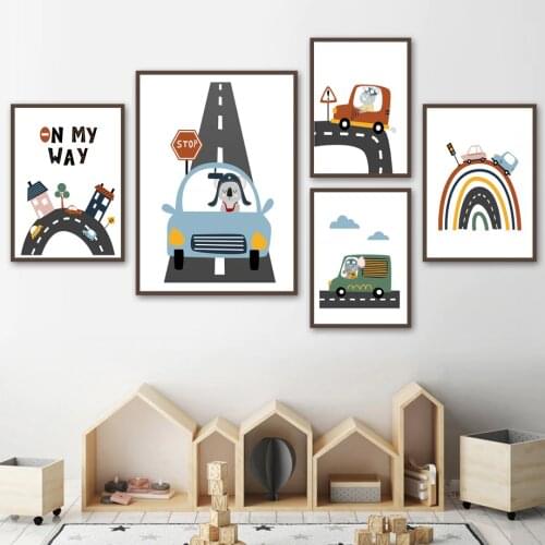 Wall Art Canvas Painting Nursery Baby Car Track Cartoon World Nordic Posters And Prints Wall Pictures For Kids Room Bedroom Home