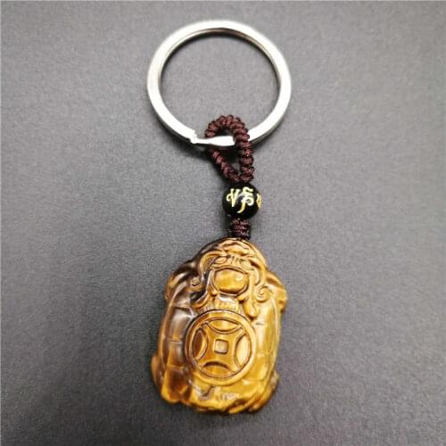 Natural Yellow Tiger eye KeyChain Carved Chinese Dragon Turtle KeyChain Lucky Amulet Bring Wealth Men Stone Jewelry