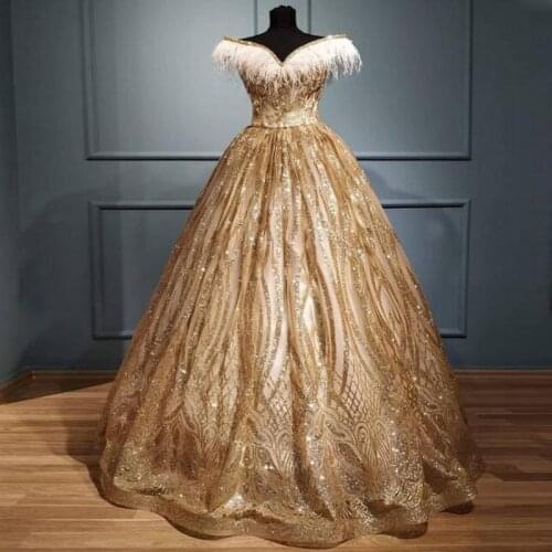 Charming Feather Off The Shoulder Prom Dresses Gold Sequined Lace A Line Evening Gowns Saudi Arabia Robe De Soiree Vestidos