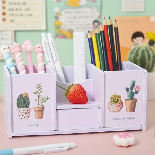 2021 New Creative Desk Pen Holder Pencil Makeup Storage Box Sundries Badge Box Desktop Organizer School Office Cute Stationery