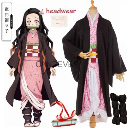 Anime Demon Slayer Kimetsu no Yaiba Kamado Nezuko Cosplay Wig Tooth Mouth Stick Adult Woman kids girls child Cosplay Costume