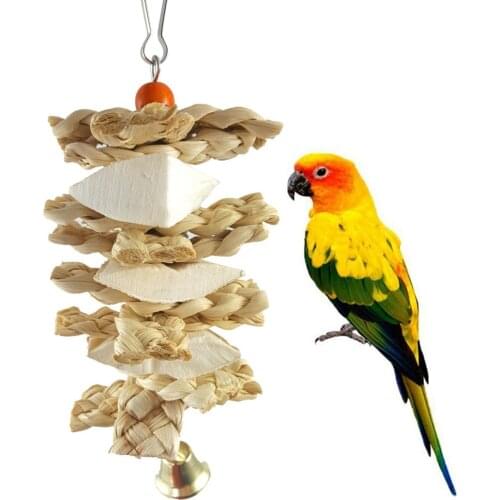 Bird Parrot Chew Toys Natural Wooden Grass Chewing Bite Hanging Cage Bell Swing Climb Chew Toys Bird Supplies