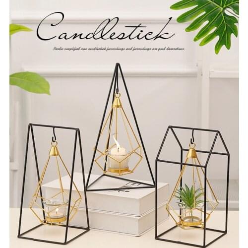 Nordic Golden Geometric Wrought Iron Hanging Power Candle Holder Home Decoration Art Gift Ornament Metal Candle Holder